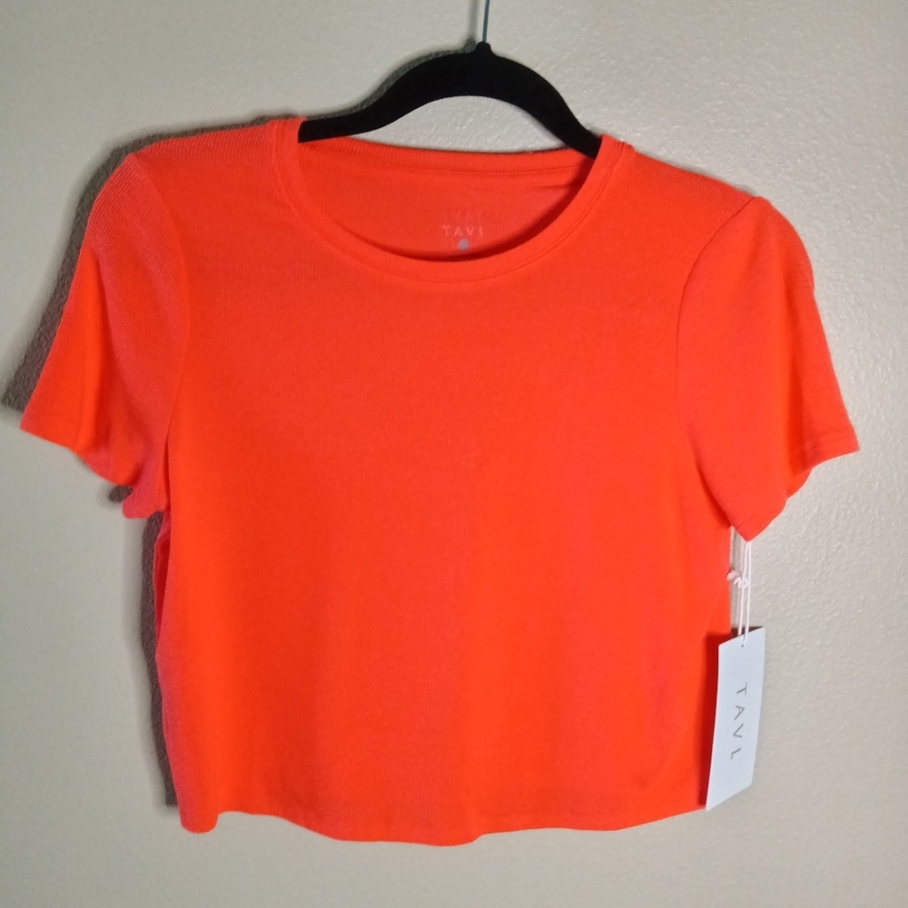 🦋 TAVI Ribbed Tee in Magma Cropped Short Sleeve Comfort Stretch Tencel XS NWT - Picture 2 of 13
